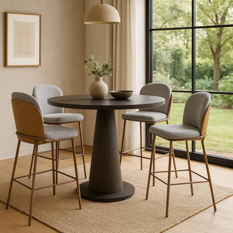 Kit com 4 Banquetas Cristal com Encosto Estofado e Base em Aço Champanhe – Exclusiva Linho Lincoln C