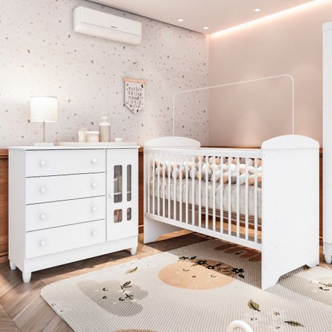 Conjunto Quarto Bebê Berço Americano 3EM1 Eloá Cômoda Infantil 4 Gavetas 1 Porta 100% MDF Branco