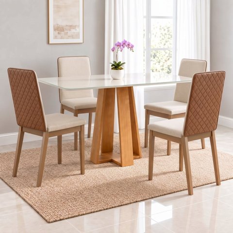 Conjunto Sala de Jantar Mesa Lisa 120cm Tampo MDF Vidro Canto Arredondado e 4 Cadeiras Pietra