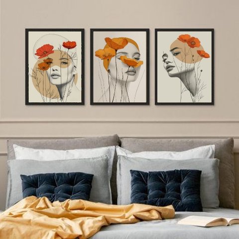 Kit 3 Quadros Mulheres Flores Amarelas e Laranja 24x18cm:moldura Preta
