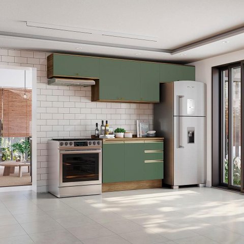 Armário de Cozinha Completa 100% Mdf 280cm Nogueira/verde Celeste Kappesberg