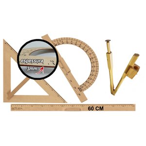 Kit Geométrico do Professor Mdf Com Régua 60 cm 1 Compasso Para Quadro Branco 40 cm 1 Transferidor 1
