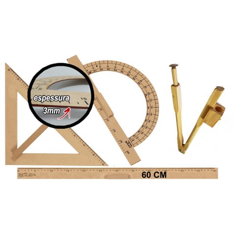 Kit Geométrico do Professor Mdf Com Régua 60 cm 1 Compasso Para Quadro Branco 40 cm 1 Transferidor 1