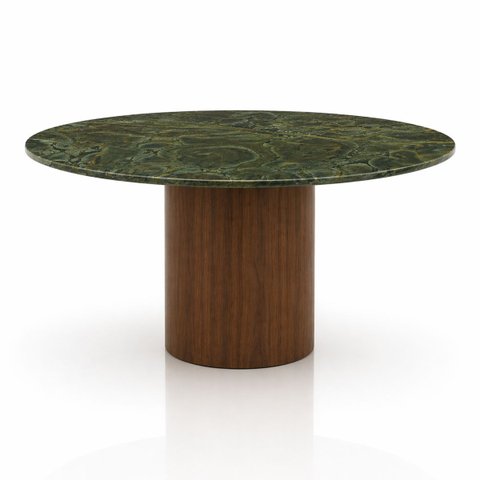 Mesa de Jantar 110 Cm Tampo Mármore Verde Vitória Régia e Base Cilíndrica Nogueira