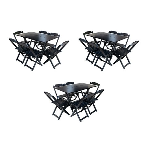 Kit 3 Jogos de Mesa Dobravel com 6 Cadeiras de Madeira 120x70 para Restaurante e Bar - Preto