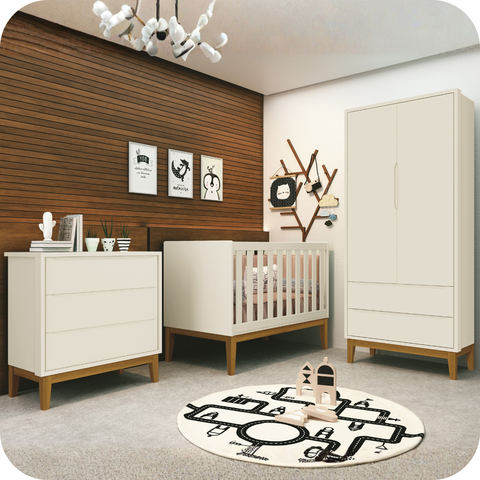 Quarto de Bebê Berço + Cômoda + Guarda Roupa Areia Classic Madeira
