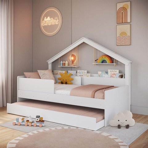 Cama Infantil com Cama Auxiliar e Casinha Livreiro 106cm x 200,3cm Proteção Lateral e Cantos