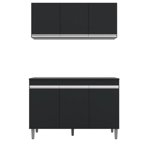 Aéreo 3 Portas Tesser + Gabinete Balcão Keila 3 Portas para Cozinha Preto - Bela Móveis