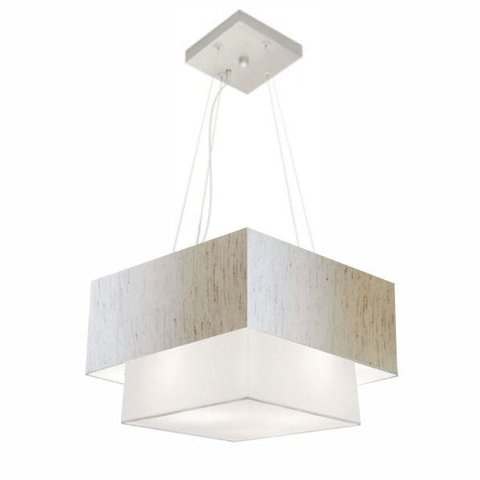 Lustre Pendente Quadrado Duplo Md-4157 Cupula Tec 25/40x35cm Linho Bege-Branco