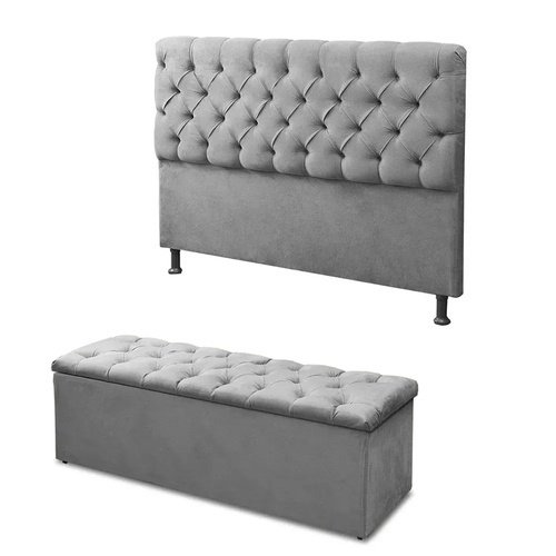 Cabeceira Mais Calçadeira Baú Casal 140cm Para Cama Box Sofia Suede Cinza - 2