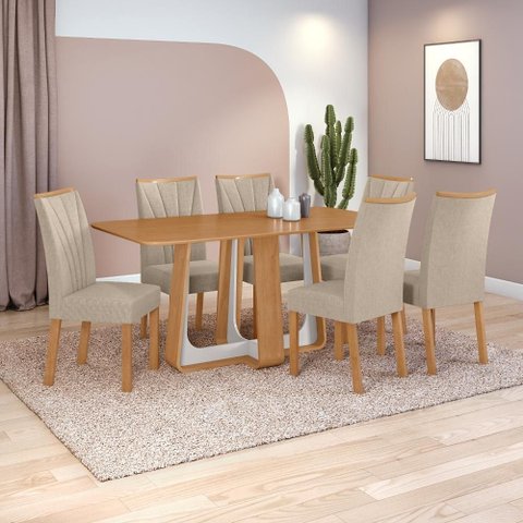 Conjunto Sala de Jantar Mesa Easy Pop 170x90cm Tampo Mdf com 6 Cadeiras Confort Linho Rinzai Bege Am