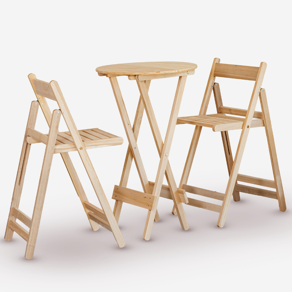 Conjunto de Mesa Redonda e 2 Cadeiras Davos Bistrô Dobrável Eucalipto sem Pintura Marcenaria Real