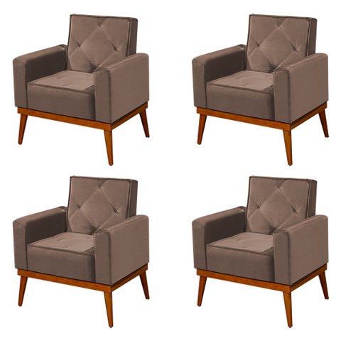 Kit 4 Poltronas Decorativa Florença Pés em Madeira Maciça Estofado Veludo - Castor