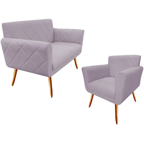 Kit Namoradeira + 1 Poltrona Decorativa Sabrina Suede Rosê Pés Madeira Ms Decor
