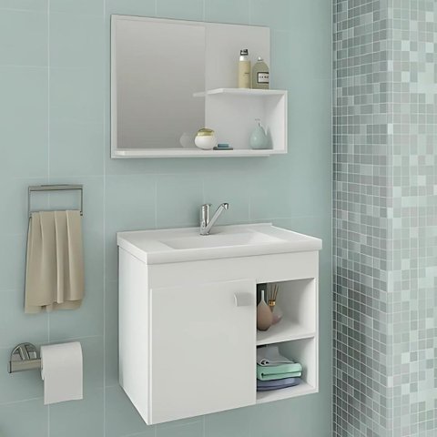 Conjunto Gabinete de Banheiro com Cuba Mármore e Espelheira:branco