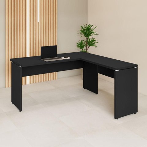 Mesa Escrivaninha 150cm em L Tampo 30mm Pés Painel F5 Office Cor:Preto
