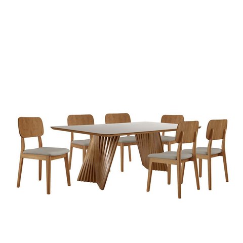 Conjunto Sala de Jantar Mesa Itália 180x90cm Tampo Retângular Vidro/MDF Mel e Off White com 6 Cadeir