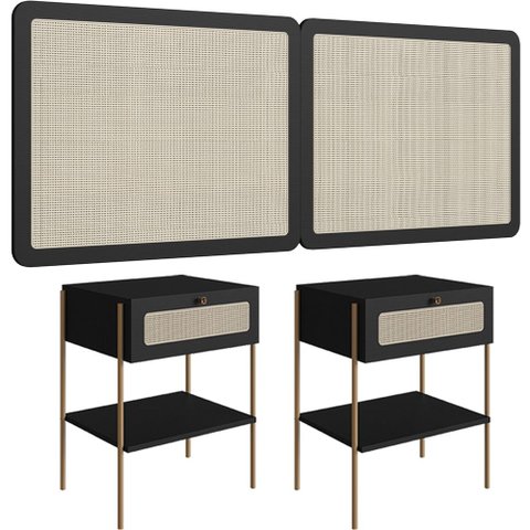 Cabeceira Queen 160cm e 2 Mesas Laterais 1 Gaveta Industrial Indy A03 Nero - Lyam Decor