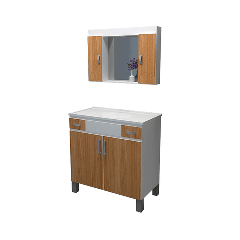 Kit Gabinete Ferrara Espelheira+balcao C/ Pe+bancada Branco C/ Carvalho - Gabinetto