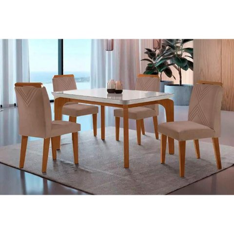Sala de Jantar Completa Londrina Tampo Madeirado C/ Vidro Curvo 120x80 e 4 Cadeiras Amsterdã Imbuia