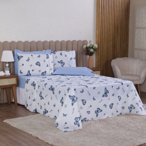 Jogo de Cama King 4p Lençol + Fronha Esmeralda Percal 100% Algodão:borboleta Azul