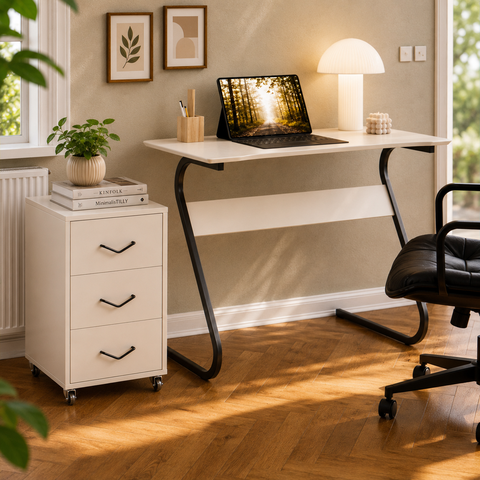 Conjunto para Escritório Mesa Escrivaninha Senna e Gaveteiro Steel Offwhite - Rede Móveis