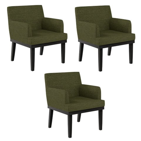 Kit 03 Poltronas Decorativas para Sala de Estar Base Preto Beatriz W01 Linho Verde - Lyam Decor 