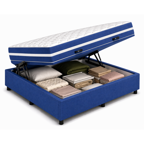 Kit Cama Box Baú Casal 138x188 cm + Colchão Molas Bonnel Casal 24 cm Azul Suede