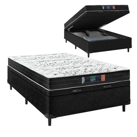 Cama Box Baú Casal Sintético Preto Colchão de Espuma Semi Ortopédica Extra Firme Cinza 80kg
