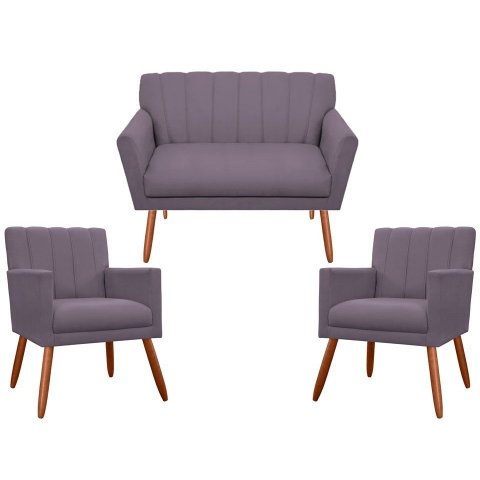 Kit Namoradeira + 2 Poltronas Decorativa Cecília Suede Rosê Pés Madeira Mz Decor