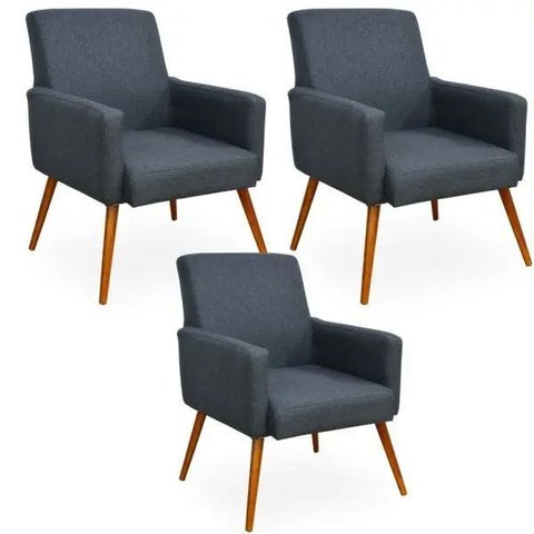 Kit 03 Poltronas Decorativas Para Sala de Estar Maria Linho Chumbo - Lyam Decor