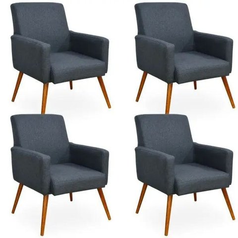 Kit 04 Poltronas Decorativas Para Sala de Estar Maria Linho Chumbo - Lyam Decor