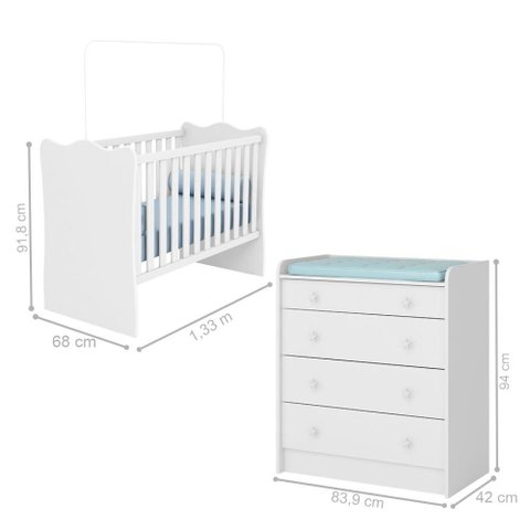 Conjunto Infantil Aurora Branco: Berço Aurora + Cômoda com Trocador e 4 Gavetas