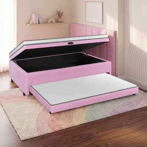 Cama Box Solteiro Ortopédica Conjugada Baú c/ Cama Auxiliar 88x188 D28 Laura Rosa