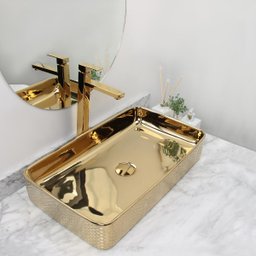 Cuba Pia Louça Cerâmica Apoio Banheiro 61x35cm Luxo Gold - 3