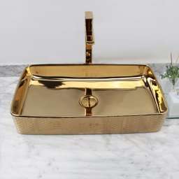 Cuba Pia Louça Cerâmica Apoio Banheiro 61x35cm Luxo Gold - 5