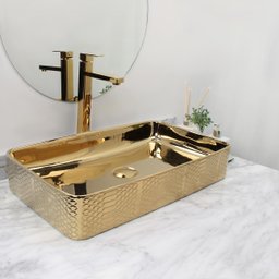Cuba Pia Louça Cerâmica Apoio Banheiro 61x35cm Luxo Gold - 4