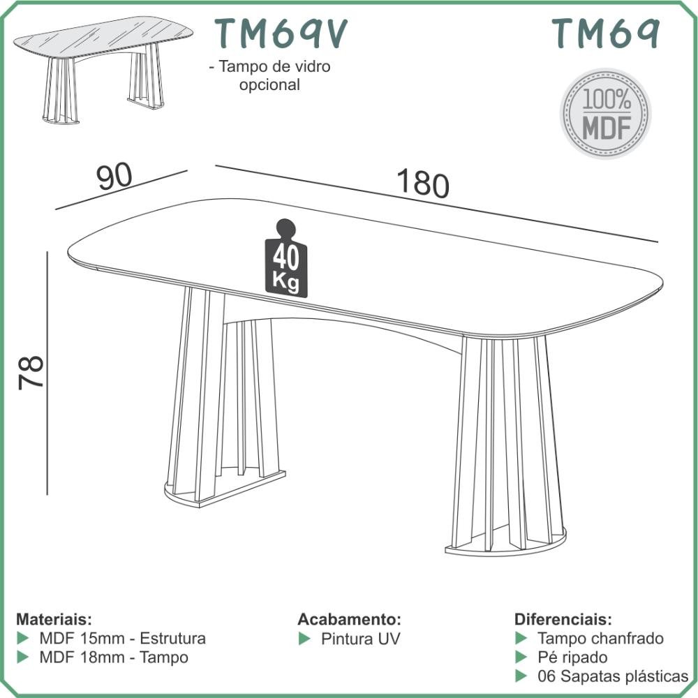 Conjunto de Jantar 6 Lugares Mesa 1,80m em Mdf e Base Ripada Cor:freijó com Off White e Bege Rú - 14