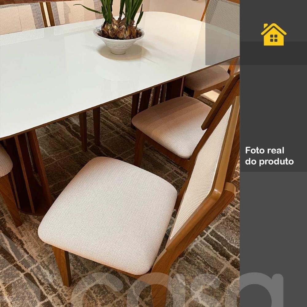 Conjunto de Jantar 6 Lugares Mesa 1,80m em Mdf e Base Ripada Cor:freijó com Off White e Bege Rú - 6