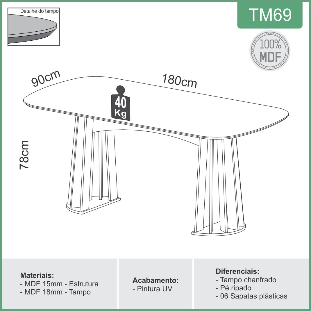 Conjunto de Jantar 6 Lugares Mesa 1,80m em Mdf e Base Ripada Cor:freijó com Off White e Bege Rústico - 2