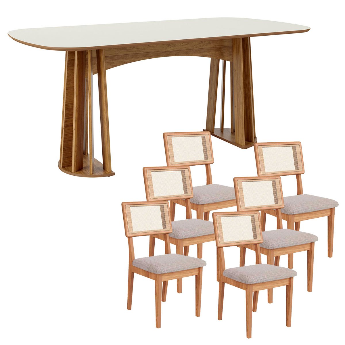 Conjunto de Jantar 6 Lugares Mesa 1,80m em Mdf e Base Ripada Cor:freijó com Off White e Bege Rústico - 2