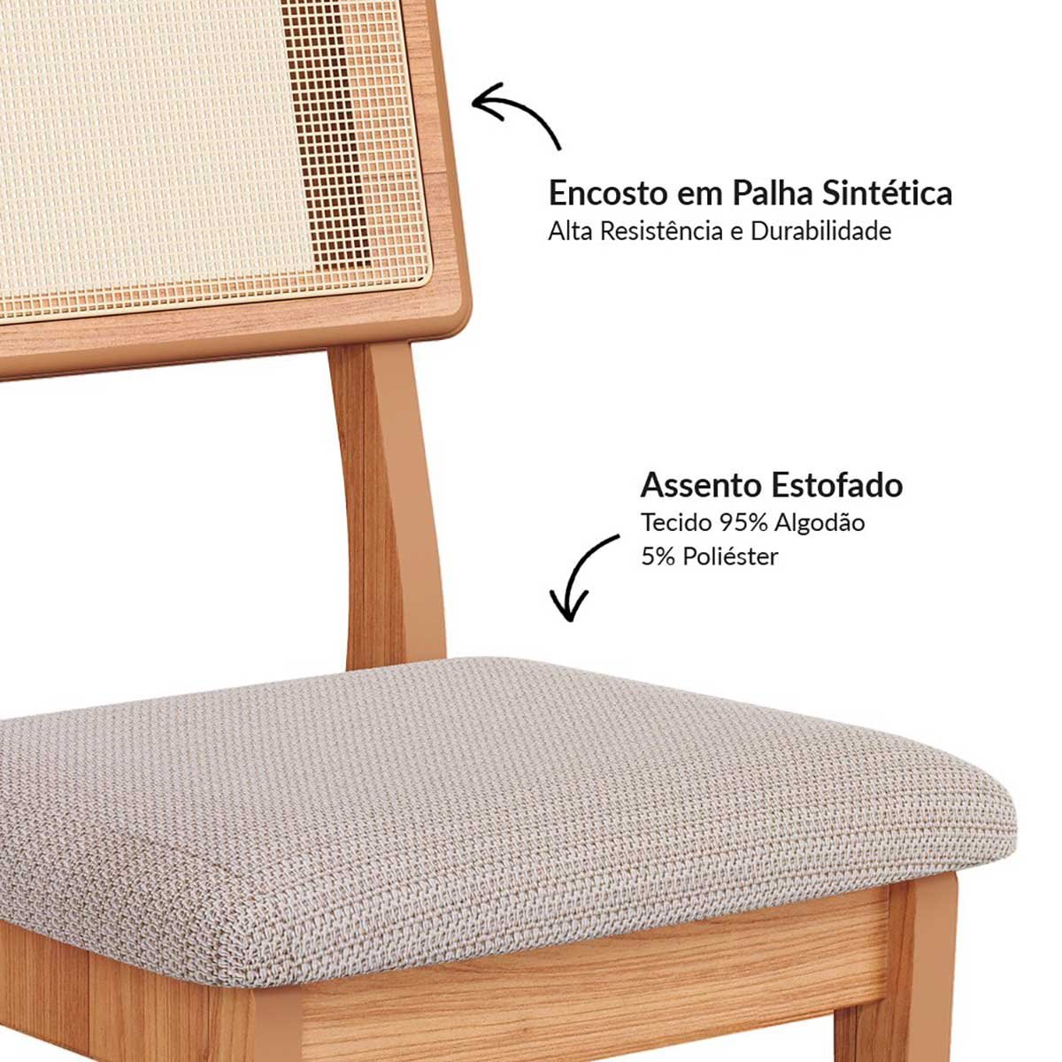 Conjunto de Jantar 6 Lugares Mesa 1,80m em Mdf e Base Ripada Cor:freijó com Off White e Bege Rústico - 6