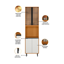 Paneleiro Cristaleira  com Led 4 Portas Ravena - Freijó UV/Off Acetinado Poliman - 2