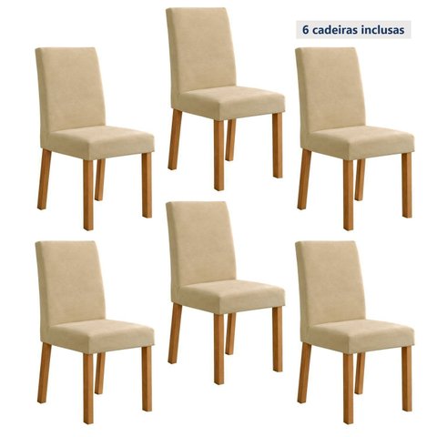 Kit 6 Cadeiras de Jantar Estofadas Veludo Laini Bege Amêndoa Clean/Creme