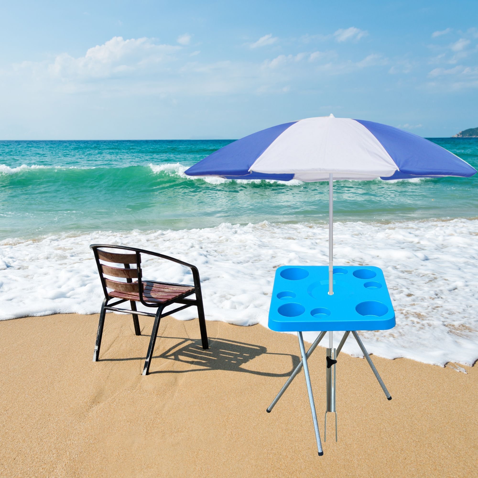 Mesa Dobravel para Petiscos Praia e Suporte Guarda Sol Chão Cor:azul - 2