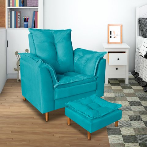 Poltrona Confortável para Amamentação com Puff Fibras Macias Azul Turquesa