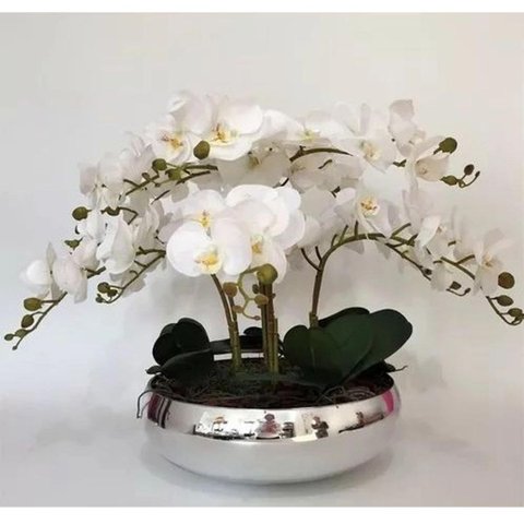Arranjo Orquídeas De Silicone 10 Hastes Para Mesa Com Vaso