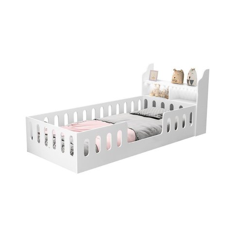 Cama Infantil Helo Solteiro com Nicho Led Lousa Mágica e Luminária Nuvem em Mdf Premium - Branco