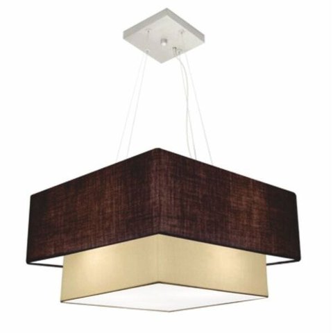 Lustre Pendente Quadrado Duplo Vivare  Md-4345 Cúpula Tecido 45x35cm - Café / Bege