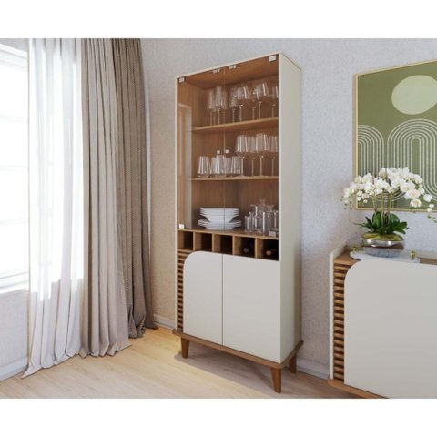 Cristaleira com Vidro 4 Portas e Adega Retrô 70cm Multimóveis Crcol-CRI009 Off White/Madeirado